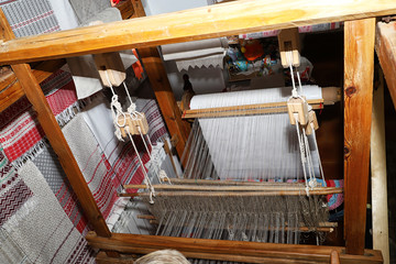 The weaving workshop and the loom there. National craft in Belarus