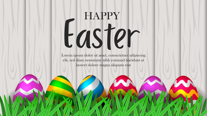 group colorful fun egg with green grass and wood texture background for easter event part