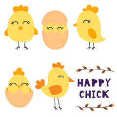 Set of chicks, different characters, poses. Easter, Spring vector illustration.