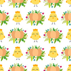 Chicks  seamless pattern vector illustration.  Sketch for wrapping paper. Spring time and Easter.