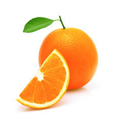 Orange fruit with leaf isolated on white background
