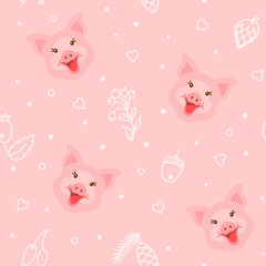 Obraz premium Cute pig character seamless pattern on pink background vector illustration