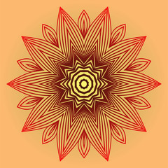 Ornamental Circle Pattern. Sacred Oriental Mandala. Color Floral Ornament. Vector Illustration. For Coloring Book, Card, Invitation, Tattoo. Anti-Stress Therapy Pattern. Red orange gold colour.