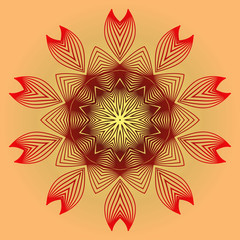 Ornamental Circle Pattern. Sacred Oriental Mandala. Color Floral Ornament. Vector Illustration. For Coloring Book, Card, Invitation, Tattoo. Anti-Stress Therapy Pattern. Red orange gold colour.