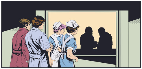 Doctors in surgical masks. Hospital corridors. Stock illustration.