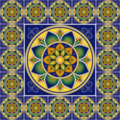Spanish tile pattern floor vector with ceramic flower print. Big element in center with frame. Mosaic background with portugal azulejos, mexican talavera, italian sicily majolica, moroccan motifs.
