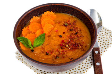 Diet carrot puree soup on white
