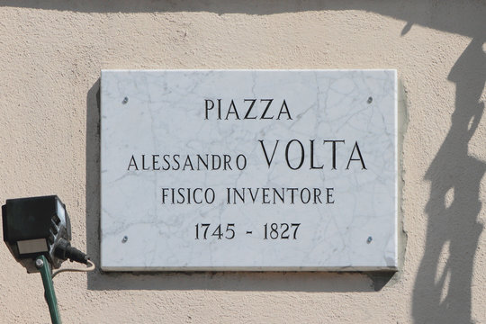 Memorial plate with name of physicist-inventor Alessandro Volta. Como, Italy