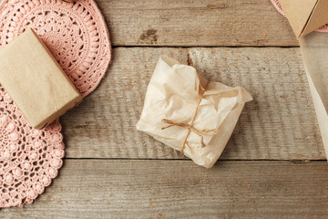 Holiday natural decoration or gift idea - natural soap in paper package, zero waste lifestyle concept, monochrome background, copy space