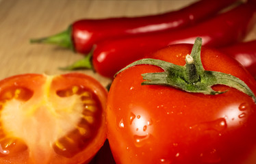 fresh tomato and chilli pepper close-up