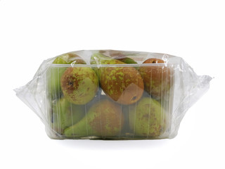Pears wrapped with foil in plastic container isolated on white background