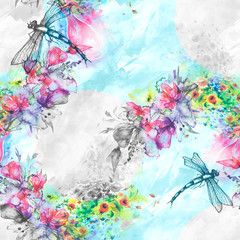 Seamless watercolor background with perfume bottle, flowers, paint splash.Watercolor card with a picture of dragonfly,flower branch,sheet,floral pattern.Flower fragrance.Trendy blue vintage background