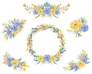 Watercolor Floral Hand Painted, Bouquet of Blue and Yellow Flowers and Wreath Arrangement for Vector Romantic Design Ideas