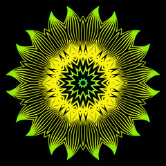 Round Pattern Flower Mandala. Circle Floral Ornament. Decorative Illustration. Black green yellow color.