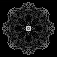 Design With Floral Mandala Ornament. Vector Illustration. Oriental Pattern. Indian, Moroccan, Mystic, Ottoman Motifs. Anti-Stress Therapy Pattern. Black, silver color