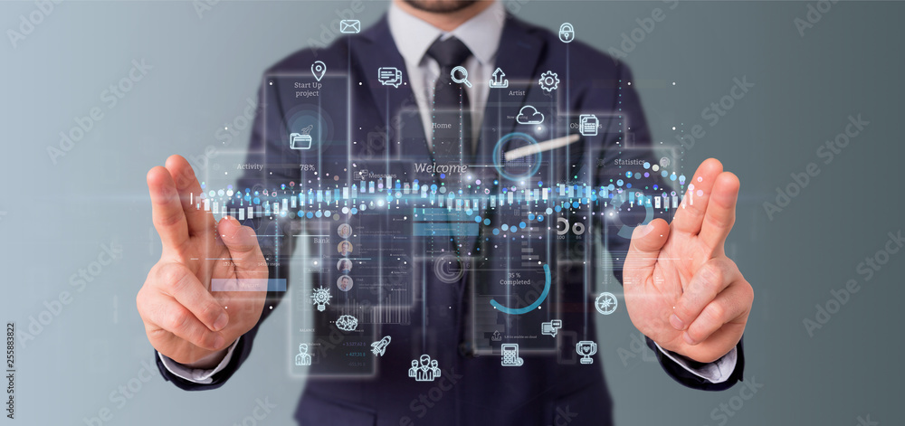 Poster businessman holding user interface screens with icon, stats and data 3d rendering