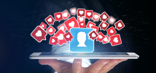 Businessman holding  Like notification on a contact on a social media 3d rendering