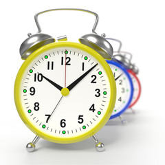 Group of alarm clocks on white background. 3D rendering