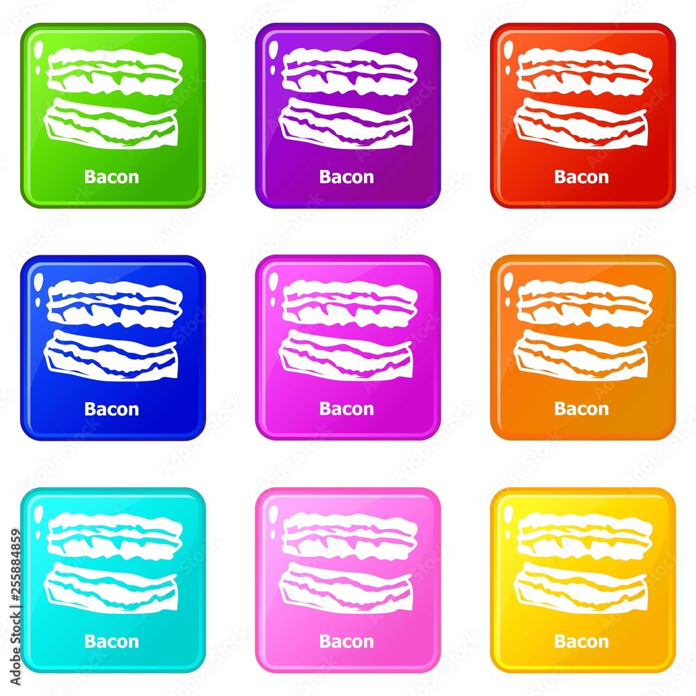 Poster bacon icons set 9 color collection isolated on white for any design