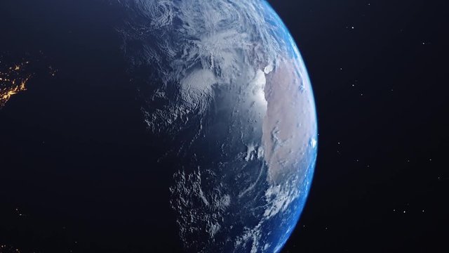 CG shot earth from space framed left side Africa and continents, cloud layer, star universe background sun reflection on atmosphere