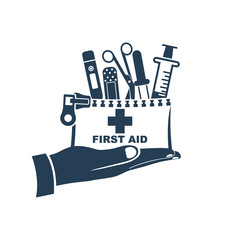 Silhouette first aid kit in hand doctor. Medical equipment and medications. Healthcare concept. Vector illustration flat design. Emergency template banner. Help colds. Syringe pill pipette and plaster