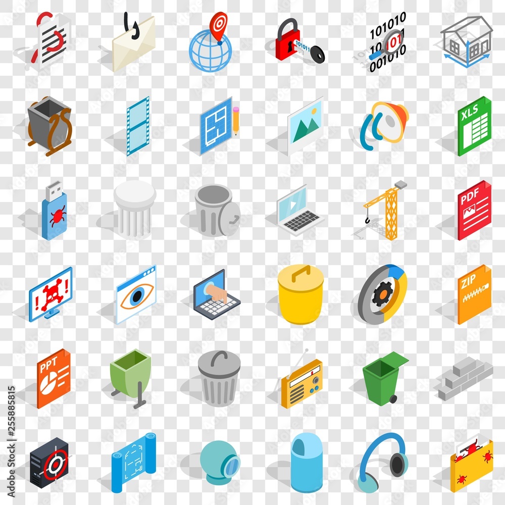 Poster computer file icons set. isometric style of 36 computer file vector icons for web for any design