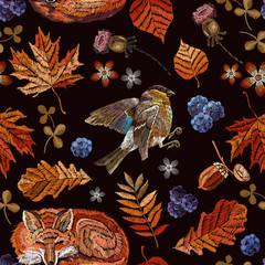 Embroidery fox, birds and autumn seamless pattern. Fashionable template for design of clothes