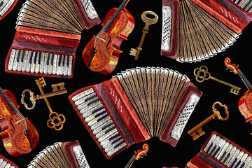 Embroidery accordion, violin and golden crossed keys, music seamless pattern. Chanson concept. Template for clothes, t-shirt design © Matrioshka