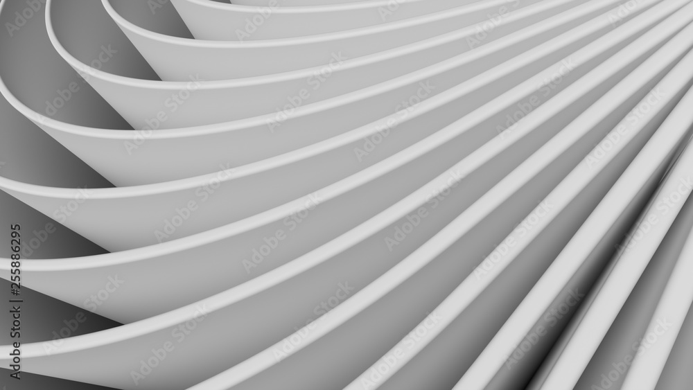 Poster 3d render abstract background with bended into spiral geometry. simple geometry composition.