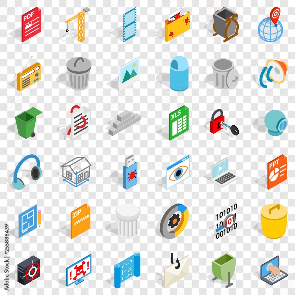 Poster working computer icons set. isometric style of 36 working computer vector icons for web for any desi