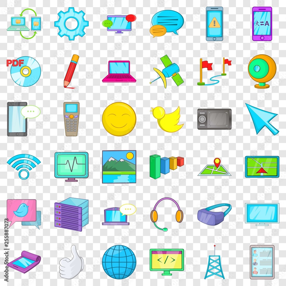 Poster computer information icons set. cartoon style of 36 computer information vector icons for web for an