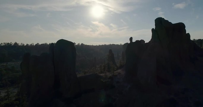 Aerial shot with sun backlight of El Valle de loss Monies, Copper Canyon Region, Chihuahua.