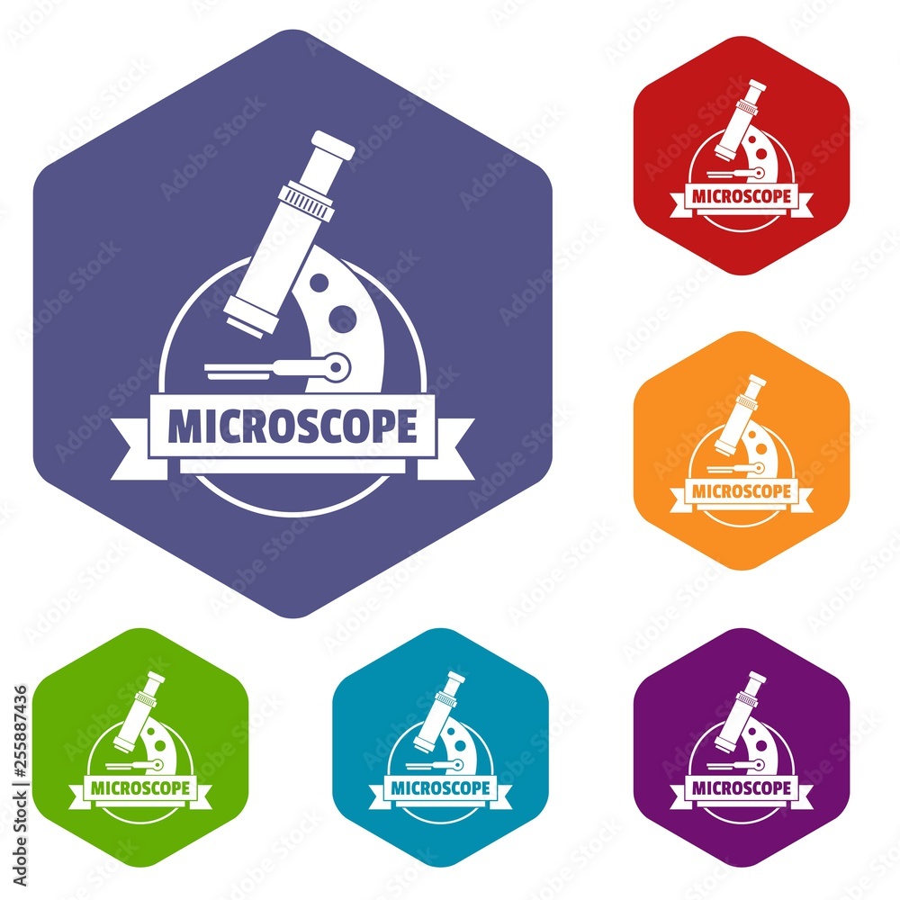 Poster microscope icons vector colorful hexahedron set collection isolated on white