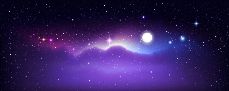 Night Sky Background. Bright stars with moon and clouds.