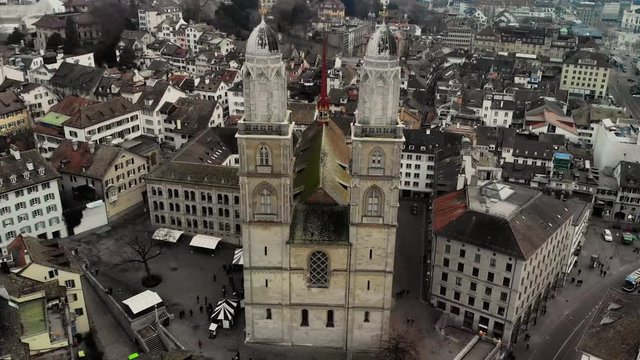 12-th century Romanesque-style Grossm&uuml;nster cathedral in Zurich, Switzerland Aerial view of 12-th century Romanesque-style landmark Grossm&uuml;nster cathedral in Zurich, Switzerland