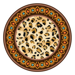Decorative plate with round ornament in ethnic tribal symbols style. Vector illustration.