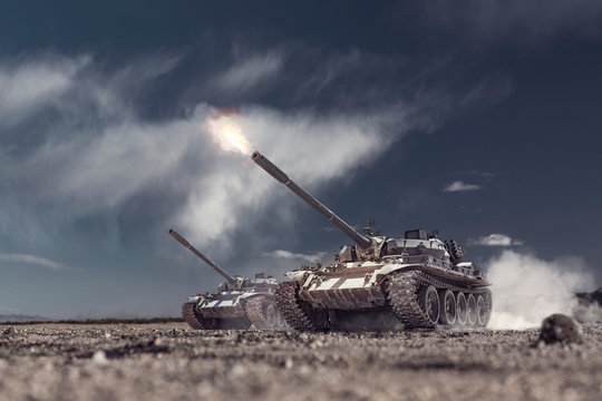 two military tanks attacking and shooting