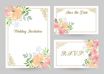 Wedding invitation templates set with watercolor flowers, thank you card, save the date cards, baby shower, menu, flyer, banner template.Watercolor gentle background for invitations or greeting cards.