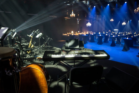 Empty Stage And An Event Venue With Instruments For The Jazz Band Live Show