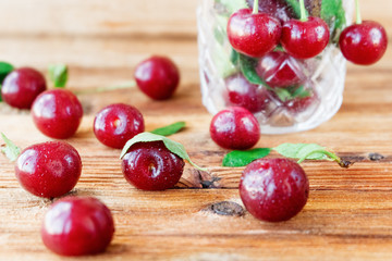 fresh cherry berries on wooden background