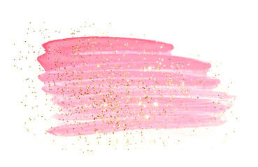 Golden glitter on abstract pink watercolor splash on white background