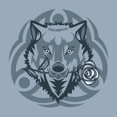 White wolf with a rose in mouth and with Tribal sign behind