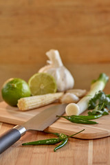Thai Asian food ingredients on chopping board