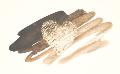 Glittering Heart on black watercolor splash in nostalgic colors, made with golden glitter