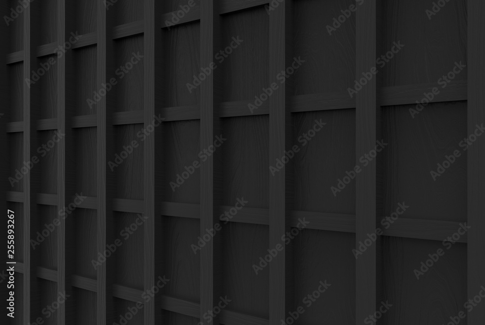 Poster 3d rendering. perspective view of dark vintage rectangle shape pattern wood wall design background.