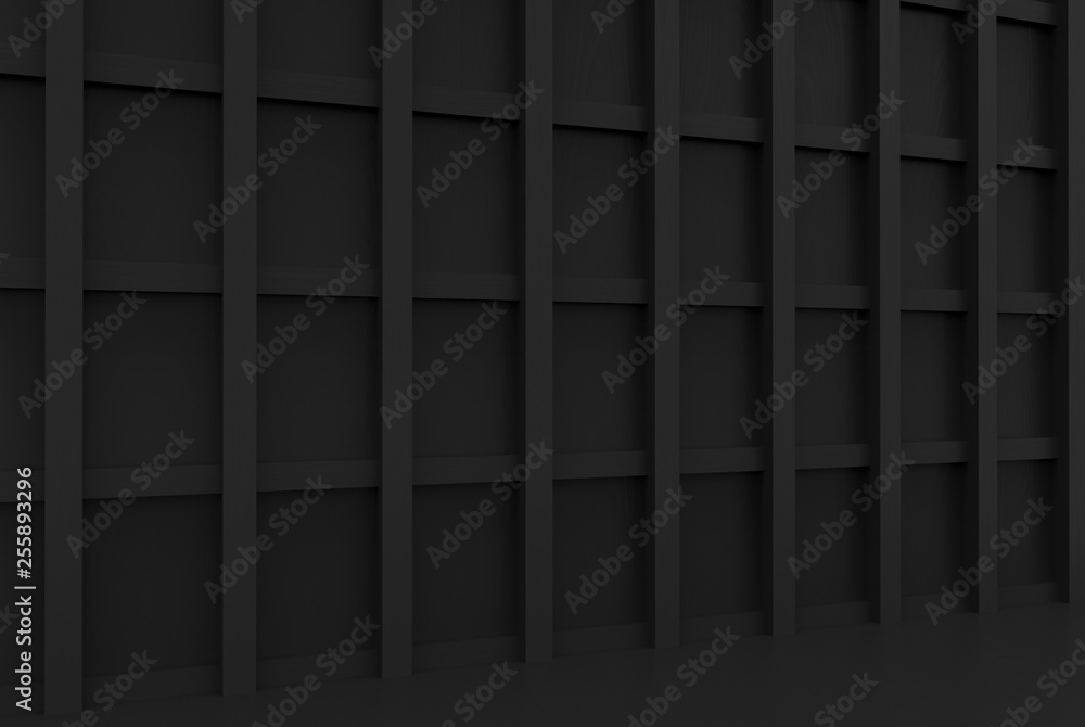 Poster 3d rendering. perspective view of dark vintage rectangle shape pattern wood wall design background.