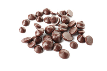 Delicious chocolate chips on white background