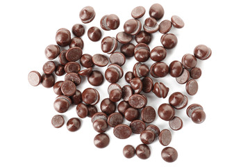 Delicious chocolate chips on white background