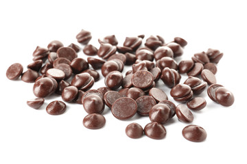 Delicious chocolate chips on white background