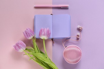 Obraz na płótnie Canvas Spring Flat lay.Spring to-do list. Violet Blank notepad and lilac tulips and headphones on a combined pink lilac pastel background.top view, copy space 